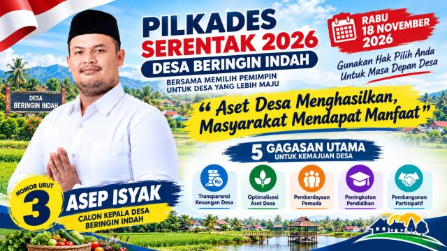 Pilkades Beringin Indah 2026, Asep Isyak Nomor Urut 3 Usung Slogan “Aset Desa Menghasilkan, Masyarakat Mendapat Manfaat”